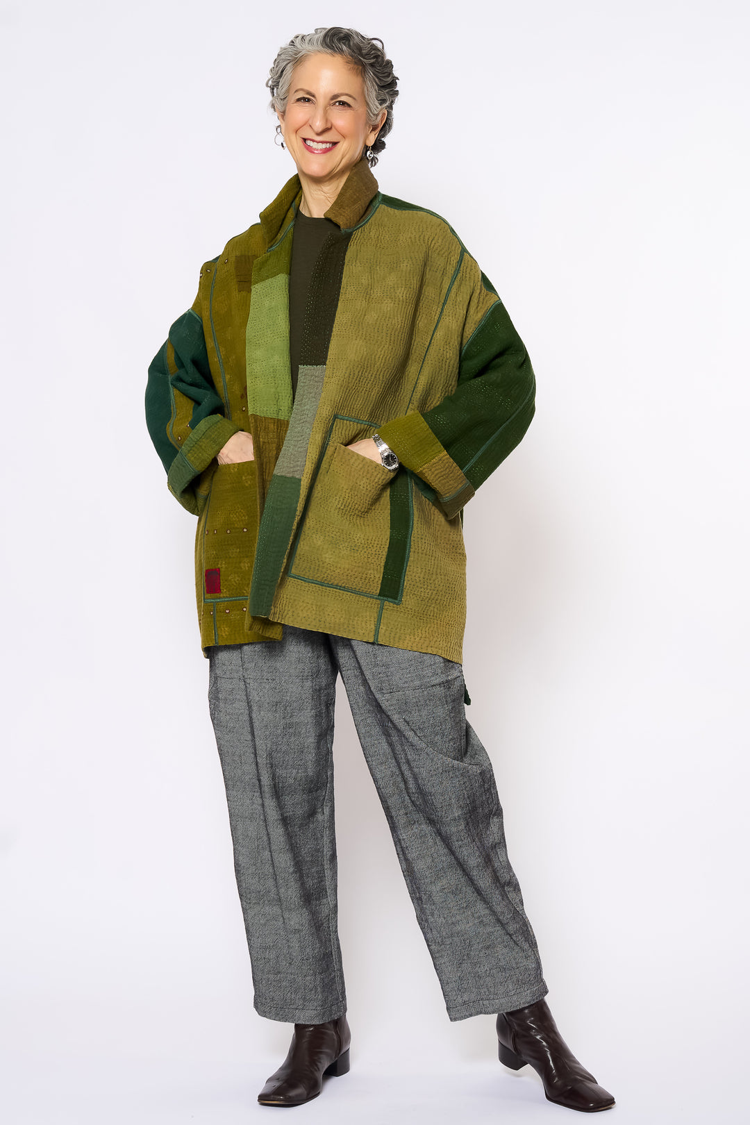 FRAYED PATCH MIX KANTHA OVERSIZED MINI COAT - fm4332-grn -