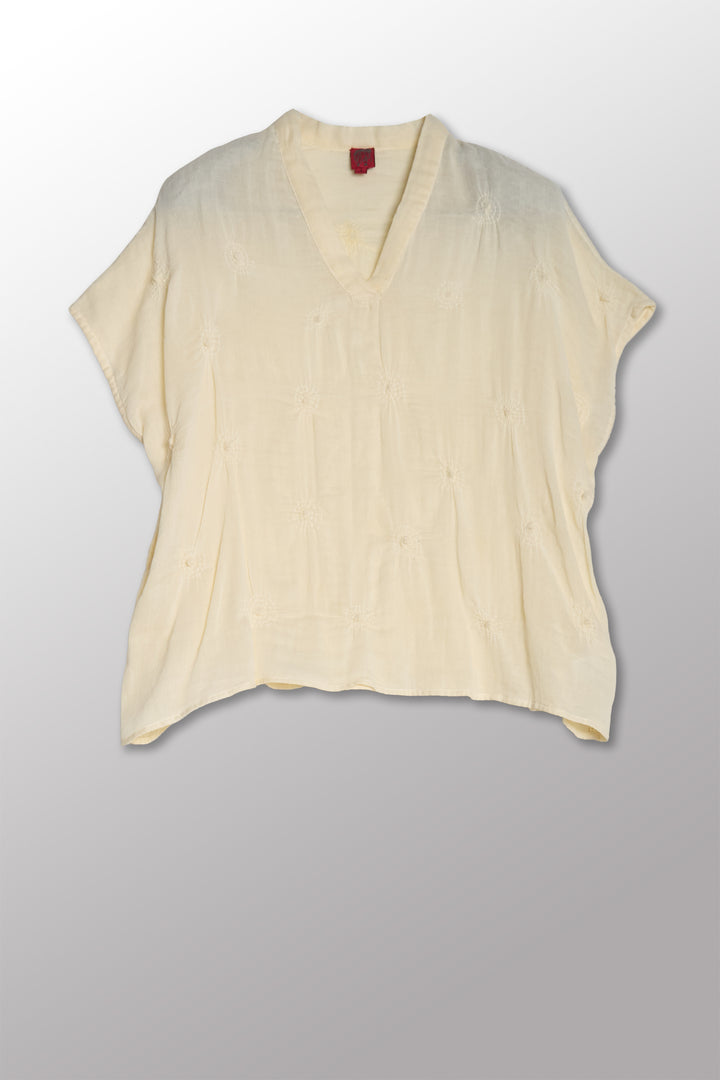 GAUZE SHIBORI GARMENT KANTHA V-NECK BINDING COLLAR TOP - bl-gg2589-ivy -