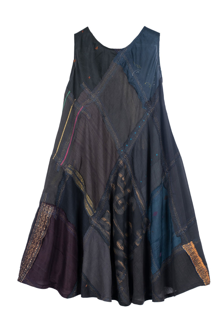 MOSAIC TILE PATCH KANTHA FULL CIRCULAR DRESS CITY - mt1421-blk -