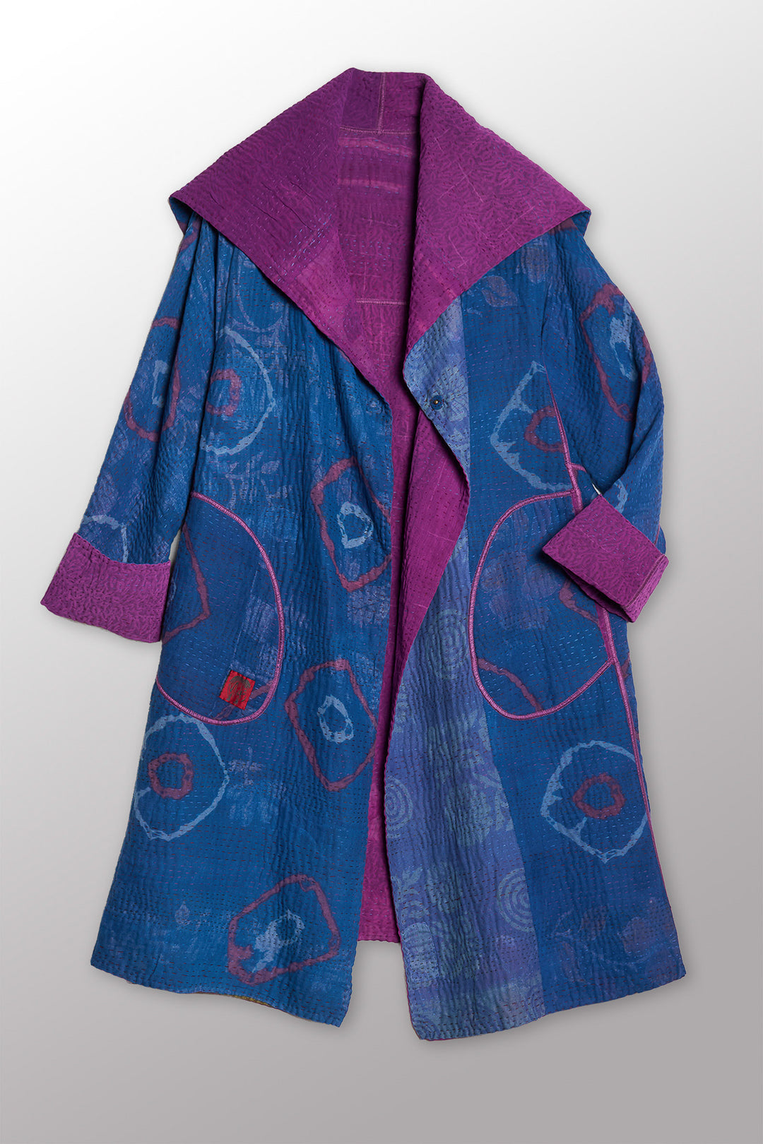 VINTAGE SILK GEORGETTE COTTON KANTHA A-LINE COAT - gc4309-0001a -