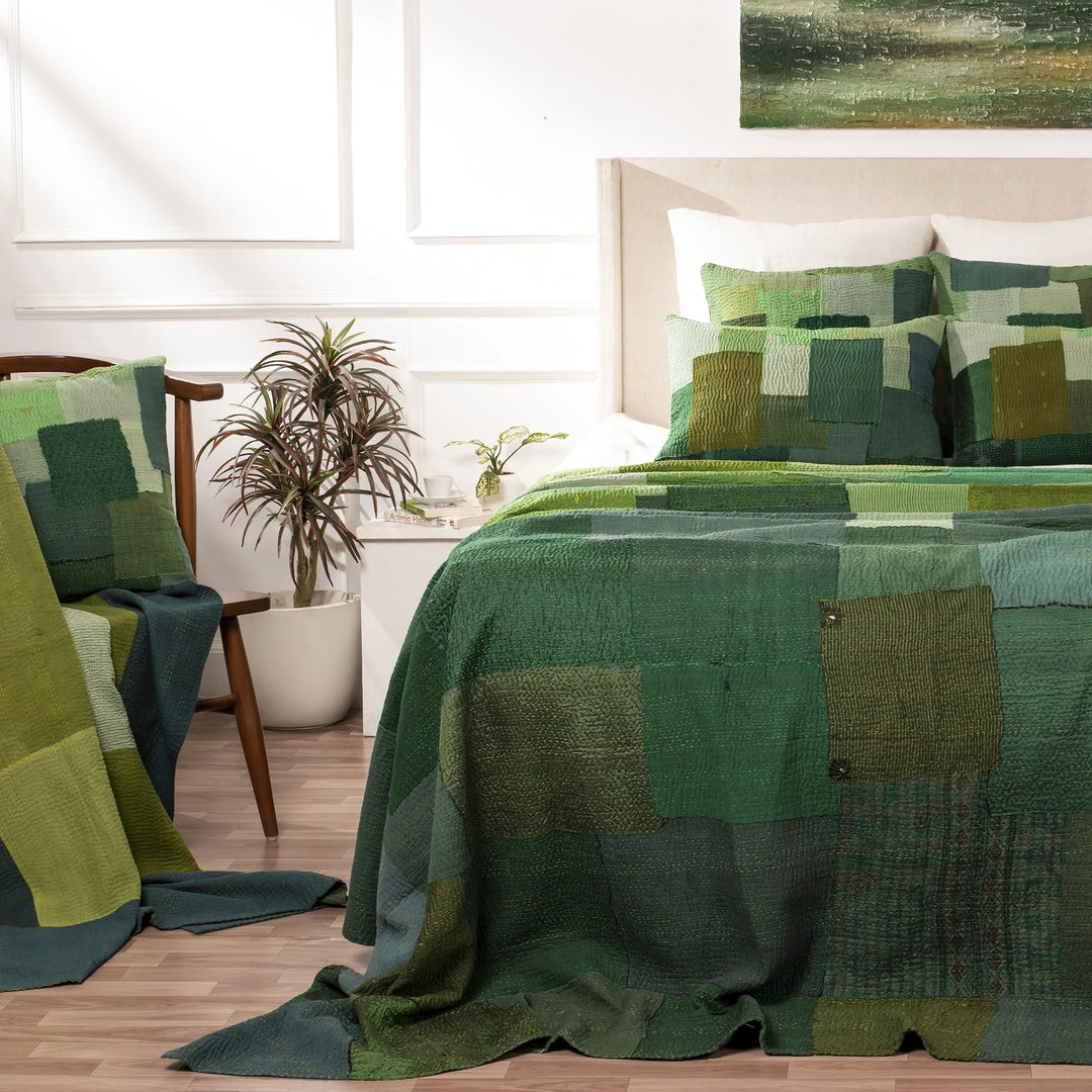 Landscape Handmade Vintage Kantha Quilts -Green