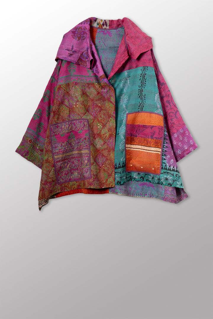 VINTAGE SILK KANTHA HOODIE PONCHO - sv2064-0003a -