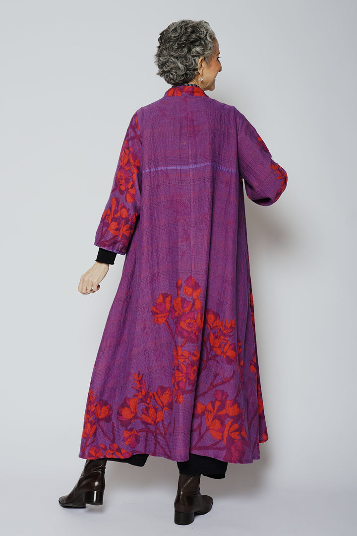 BLOOMING FLOWERS KANTHA V-NECK FLARE SLEEVE DRESS - bf2445-prp -
