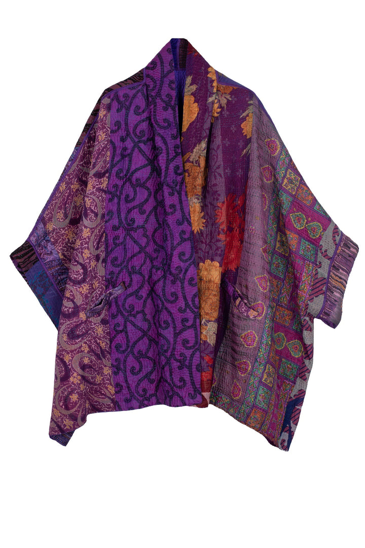 JACQUARD SILK KANTHA DOUBLE COLLAR PONCHO - js4323-prp -