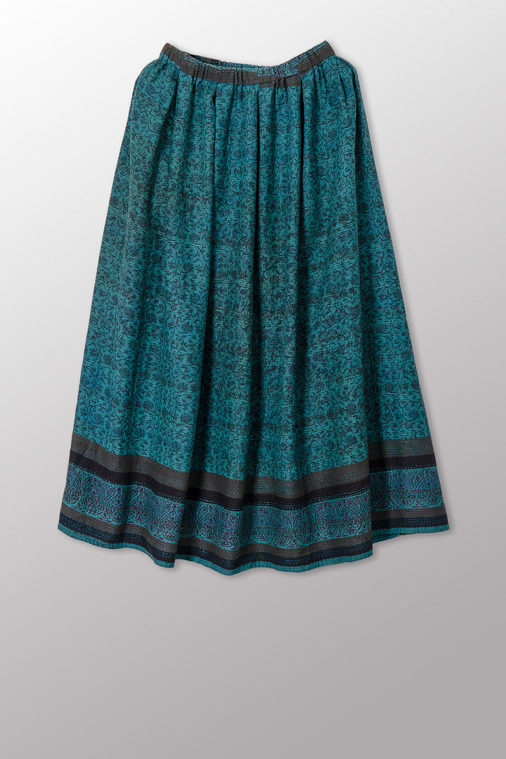 VINTAGE COTTON & NEW VOILE KANTHA TUCKED GATHER SKIRT - cn2663-0001s -