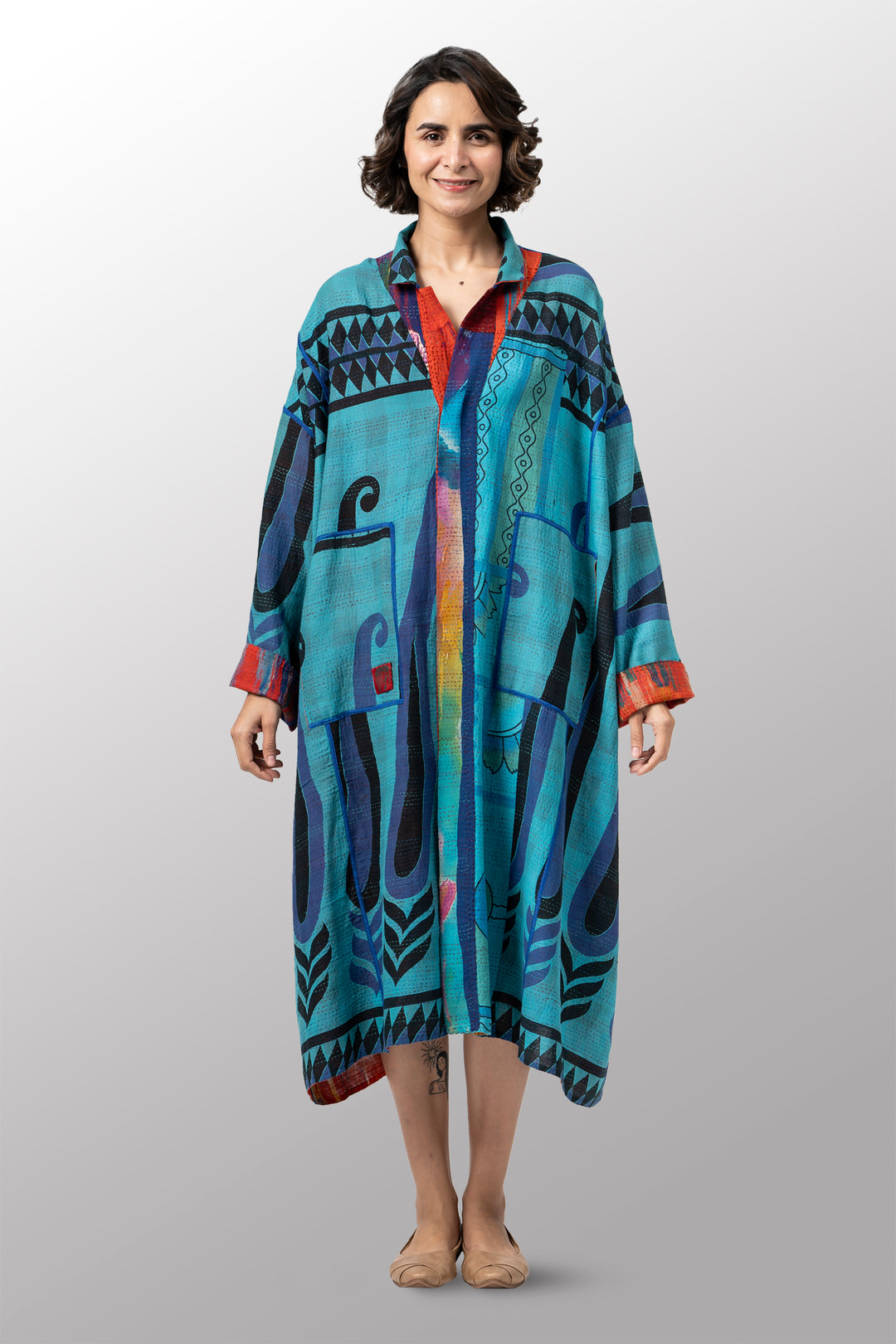 VINTAGE SILK GEORGETTE COTTON KANTHA NEW OVERSIZED COAT - gc2342-0001a -