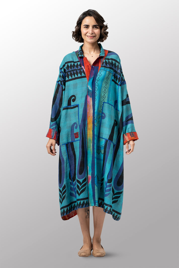 VINTAGE SILK GEORGETTE COTTON KANTHA NEW OVERSIZED COAT - gc2342-0001a -