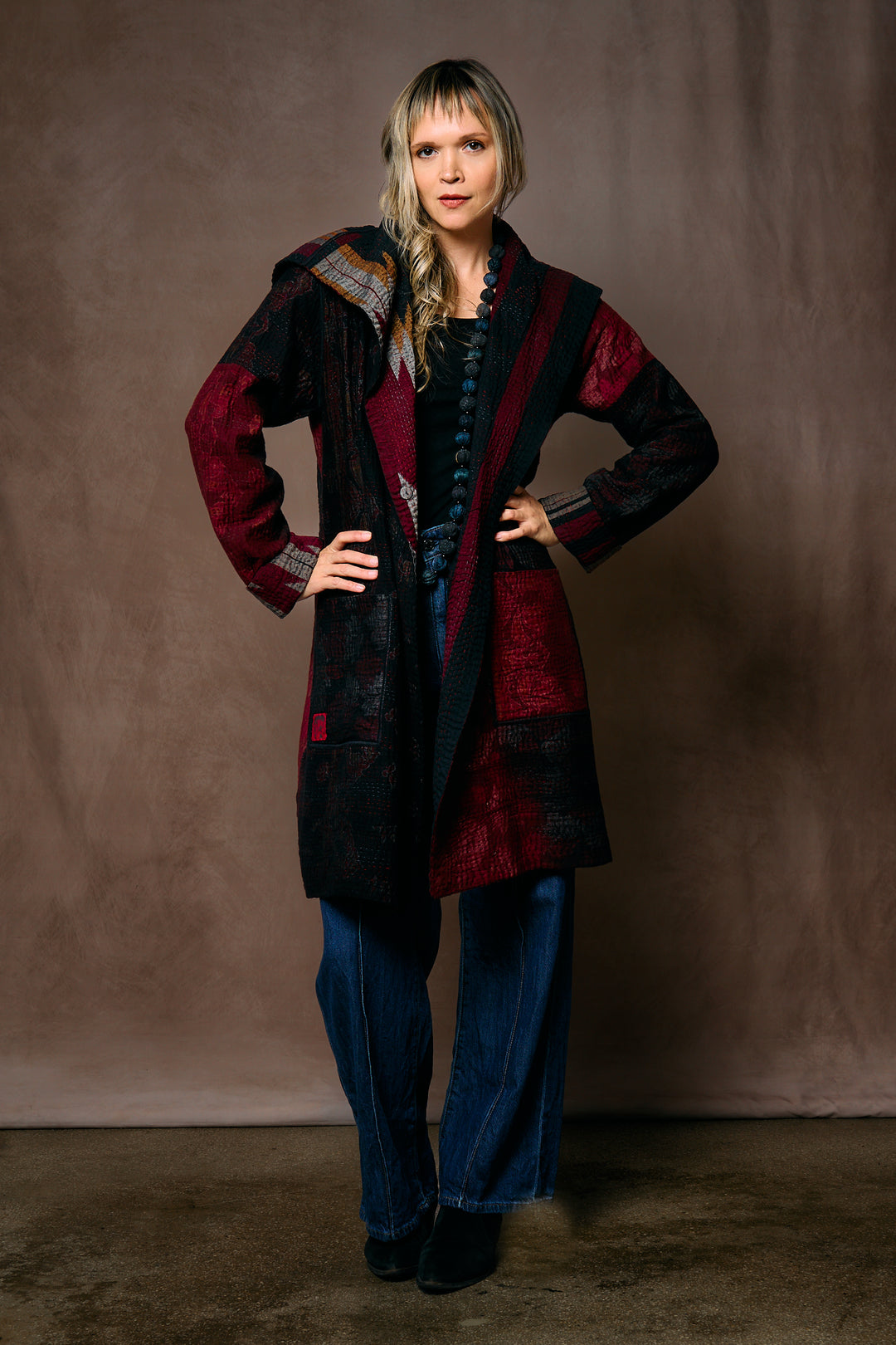 WOVEN HANDLOOM IKAT WITH OMBRE KANTHA POCKET MEDIUM COAT - wh4316-red -