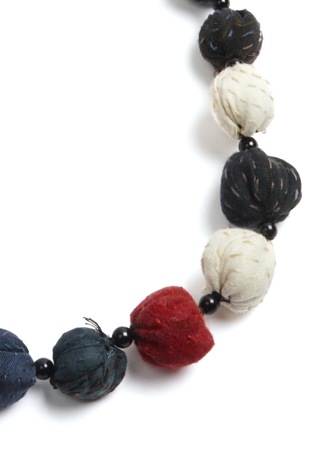 COTTON SILK MIX PATCH KANTHA SMALL NUTS LONG NECKLACE - mx2706-blk -