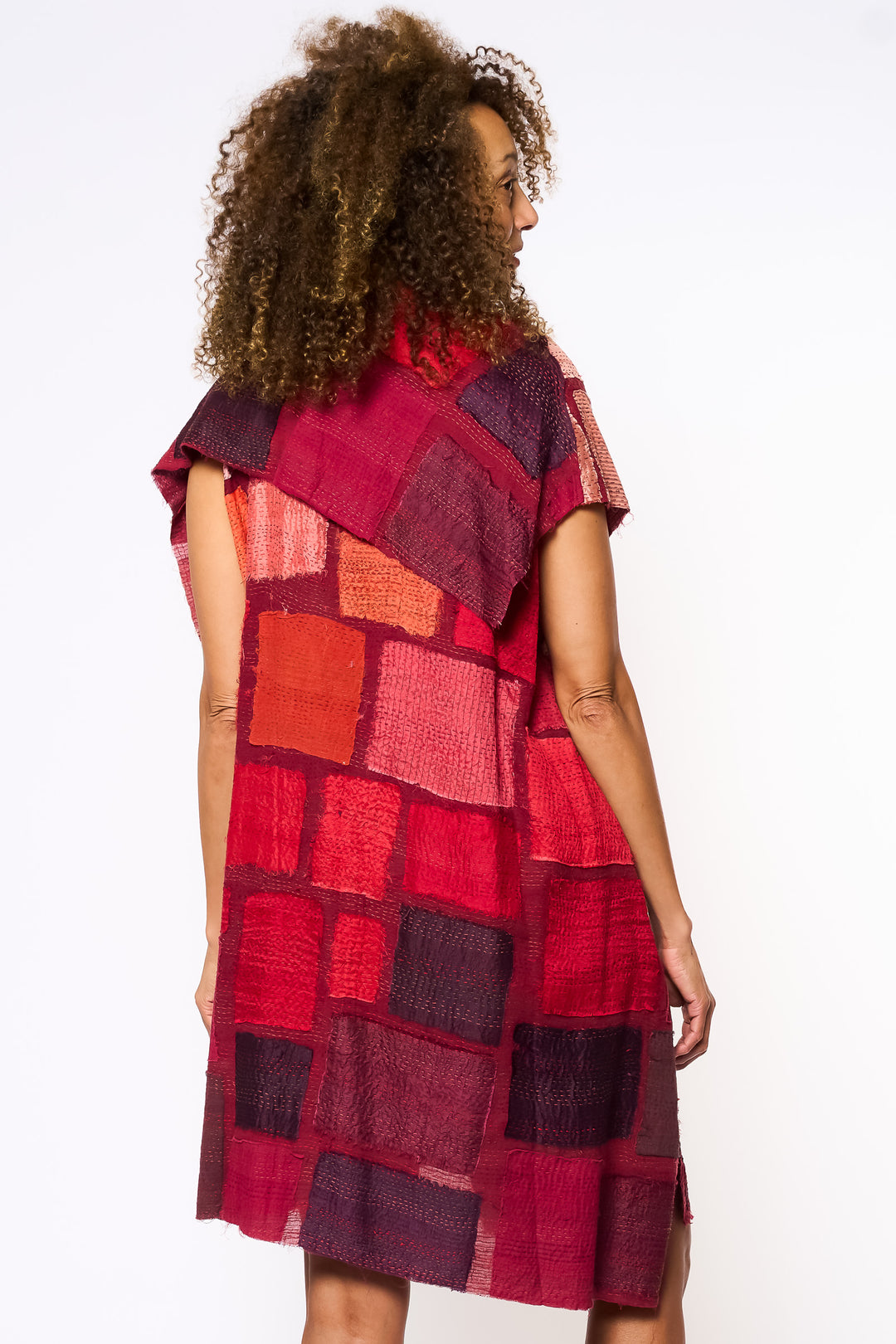 TONAL TILE PATCH KANTHA COWL NECK DRESS - tt2416-red -