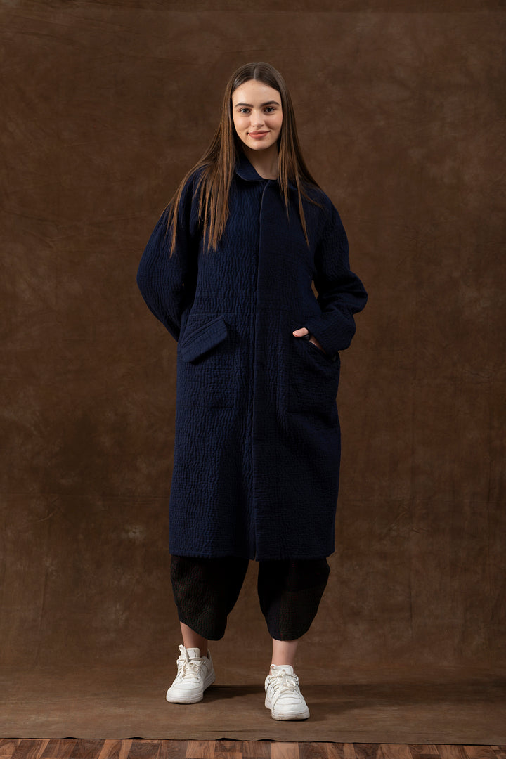 QUILTED VINTAGE COTTON WITH FLANNEL KANTHA RAGLAN SLEEVE COAT - fq5337-blk -