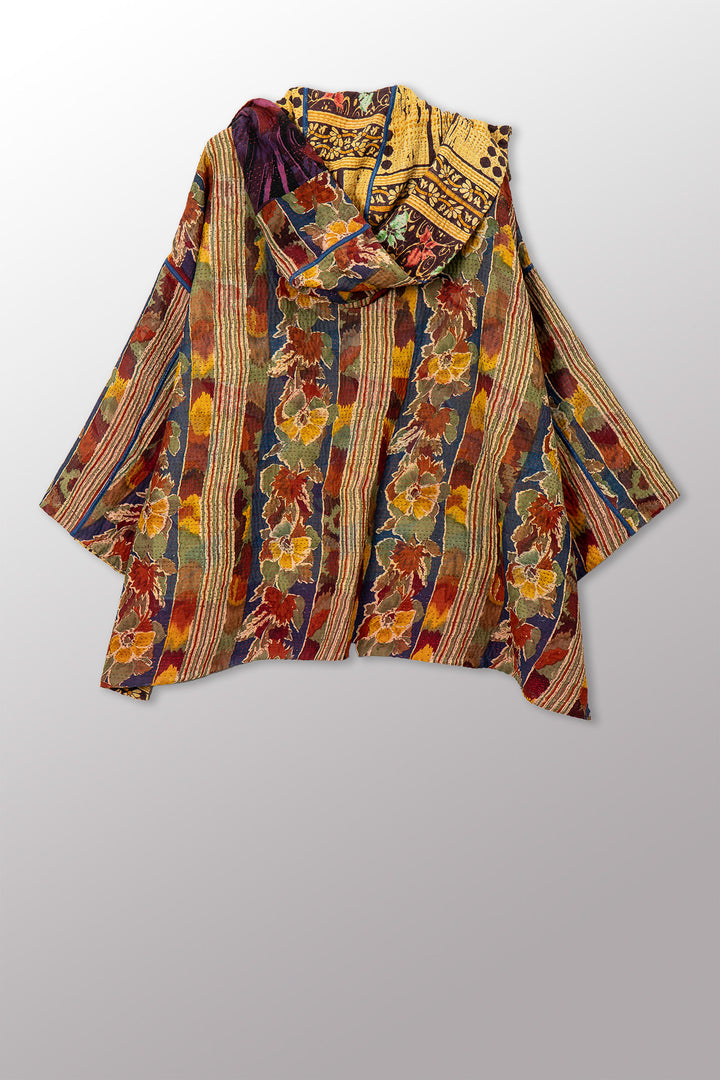 VINTAGE SILK GEORGETTE COTTON KANTHA HOODIE PONCHO - gc4064-0002a -
