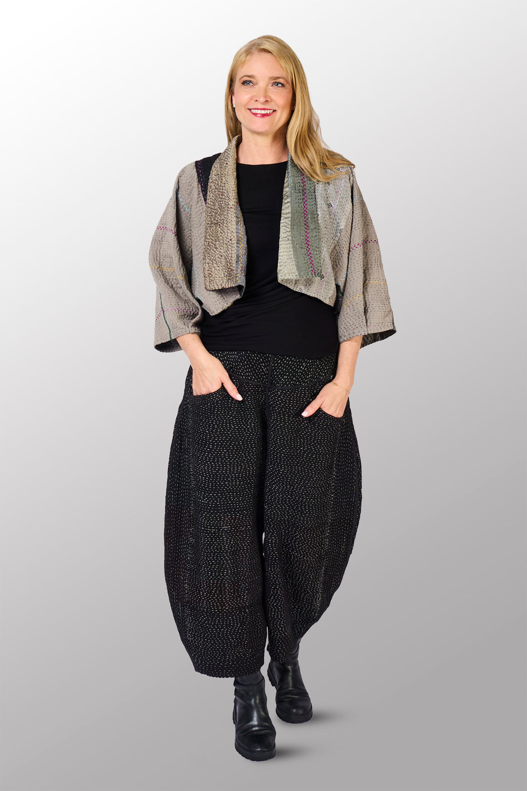 JEWEL WOVEN WITH VERTICAL PATCH KANTHA PUFF SLV. SHRUG - jv4062-gry -