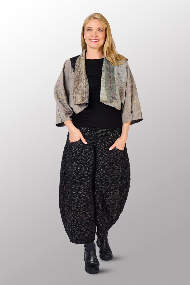 JEWEL WOVEN WITH VERTICAL PATCH KANTHA PUFF SLV. SHRUG - jv4062-gry -