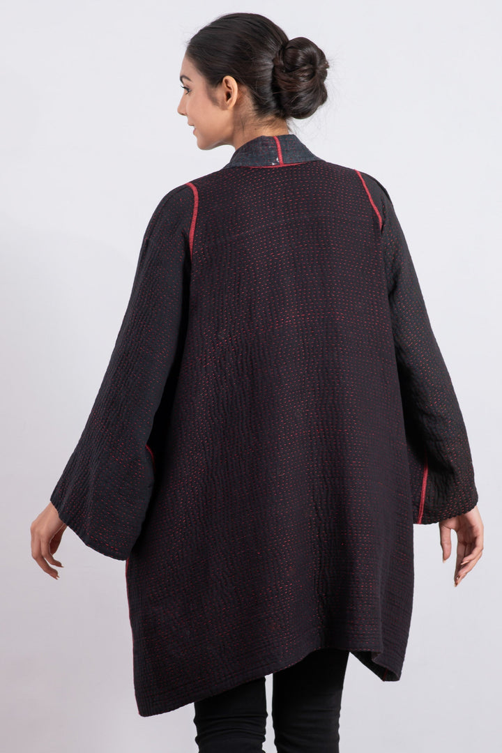 MONOTONE TWILIGHT PRINT KANTHA A-LINE JKT - tp4003-red -