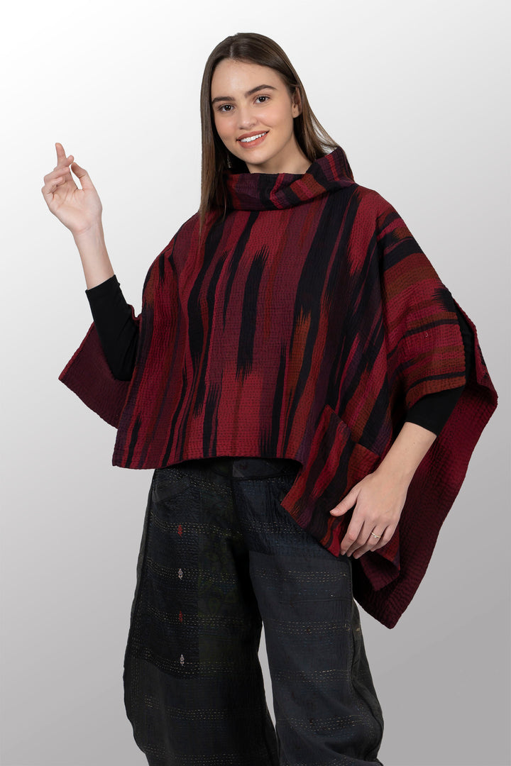 IKAT STRIPE KANTHA COWL NECK LONG CAPE - is4842-drd -