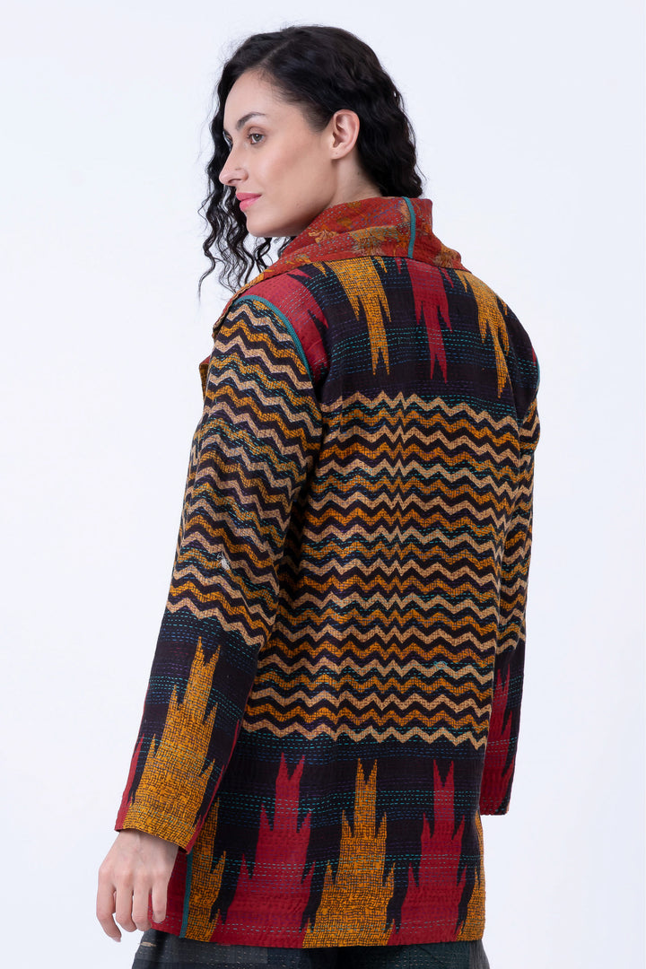 VINTAGE SILK GEORGETTE COTTON KANTHA POCKET JKT - gc2002-0015a -