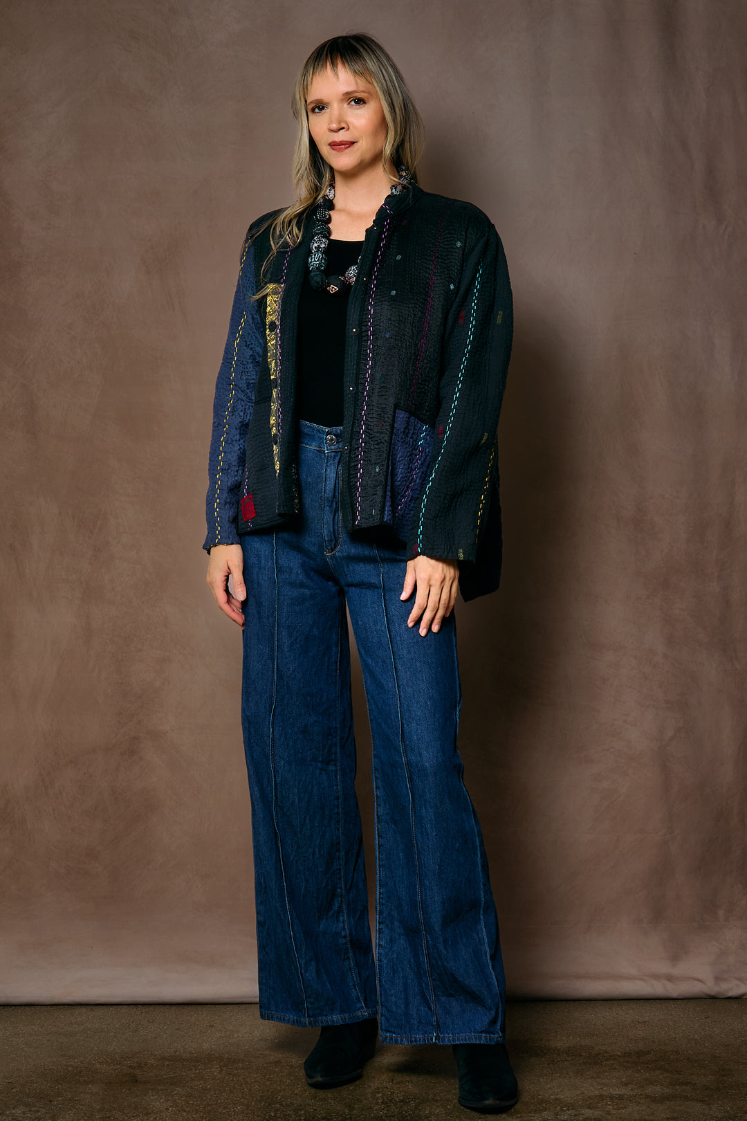 JEWEL WOVEN WITH VERTICAL PATCH KANTHA KAFTAN JACKET SHORT - jv4088-blk -