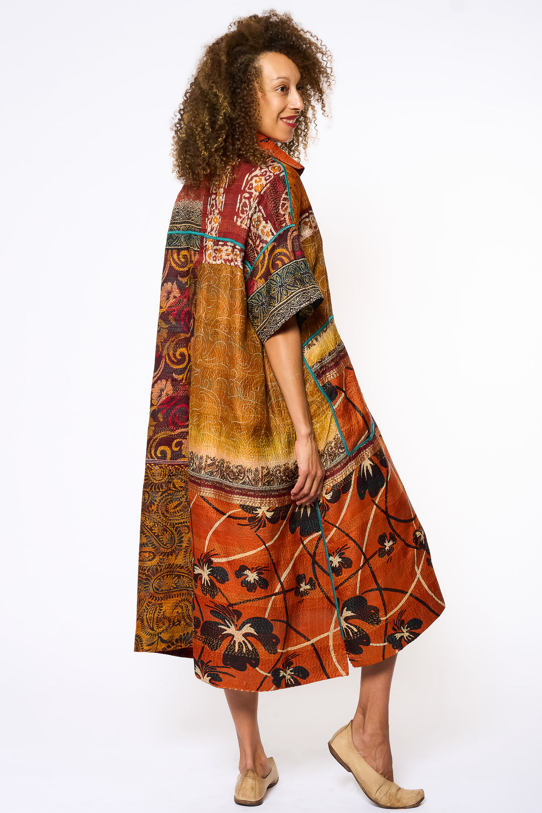 VINTAGE SILK KANTHA WING COLLAR DRESS - sv2454-0002a -