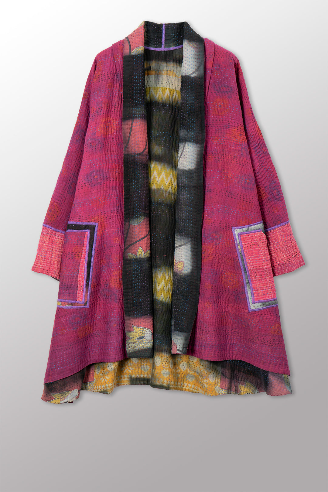 VINTAGE COTTON GREY CLAMP TIE DYE KANTHA KIMONO LONG JACKET - su4005-0001a -