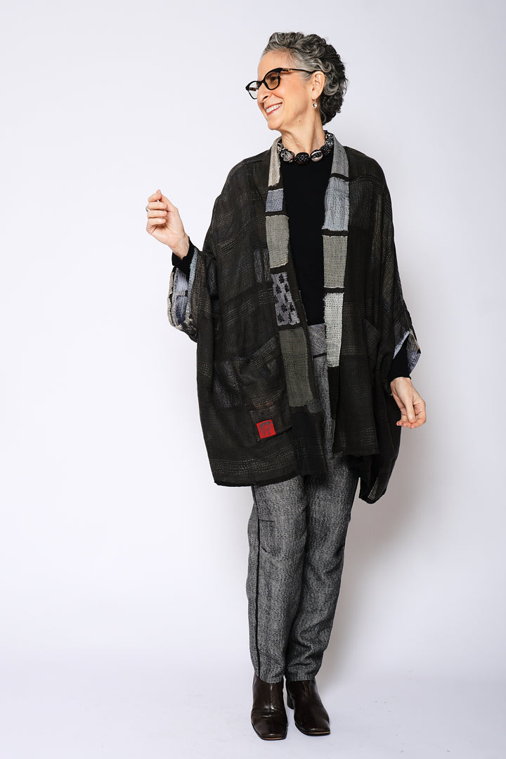 TONAL TILE PATCH KANTHA DOUBLE COLLAR PONCHO - tt2323-gry -