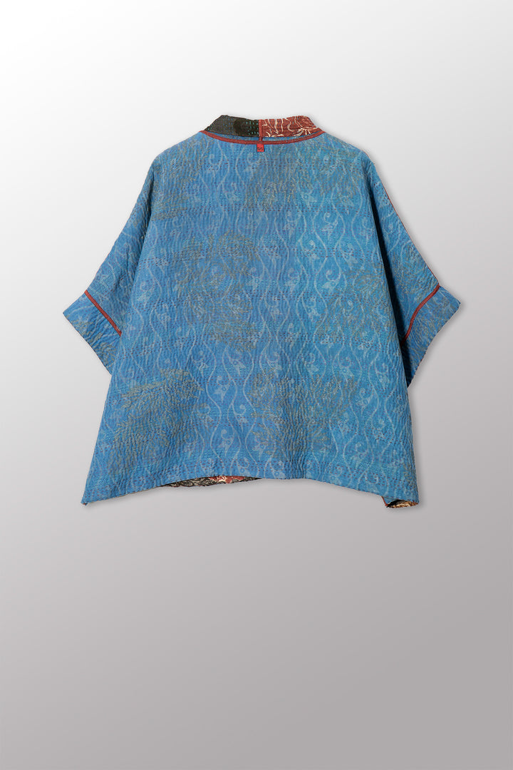 VINTAGE SILK GEORGETTE COTTON KANTHA MINI PONCHO - gc4060-0001a -
