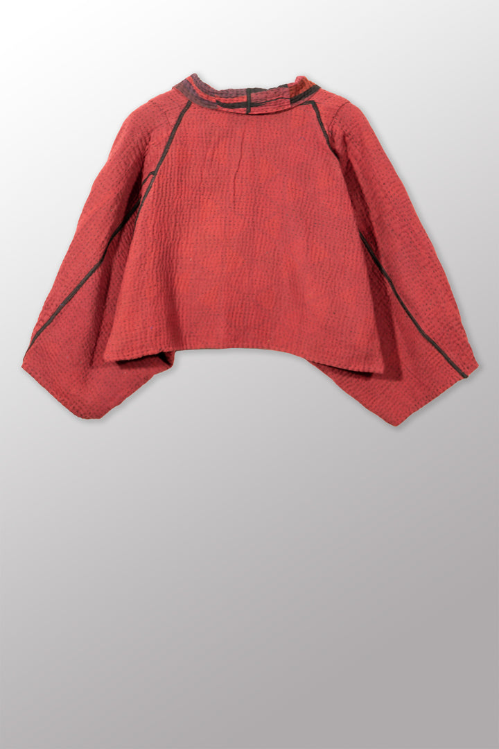 IKAT STRIPE KANTHA PUFF SLV. SHRUG - is4062-red -