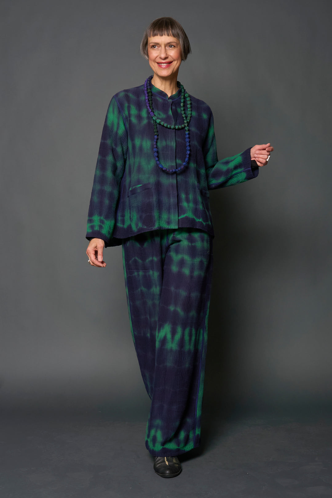 MONE SHIBORI TIE DYE KANTHA CROPPED BASIC JACKET - ms4096-grn -