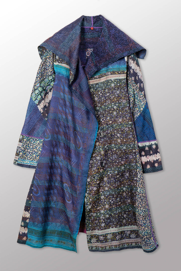VINTAGE SILK KANTHA A-LINE LONG COAT - sv2302-0091a -