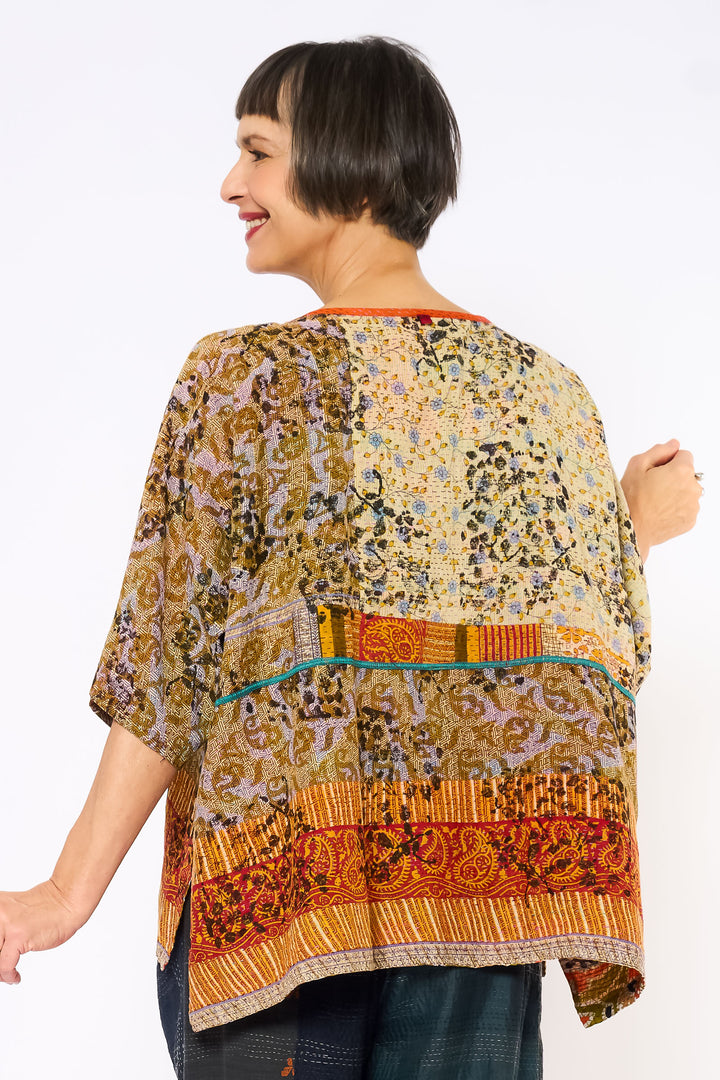 VINTAGE COTTON KANTHA BOAT NECK DOLMAN TOP - cv2t100-0001a -