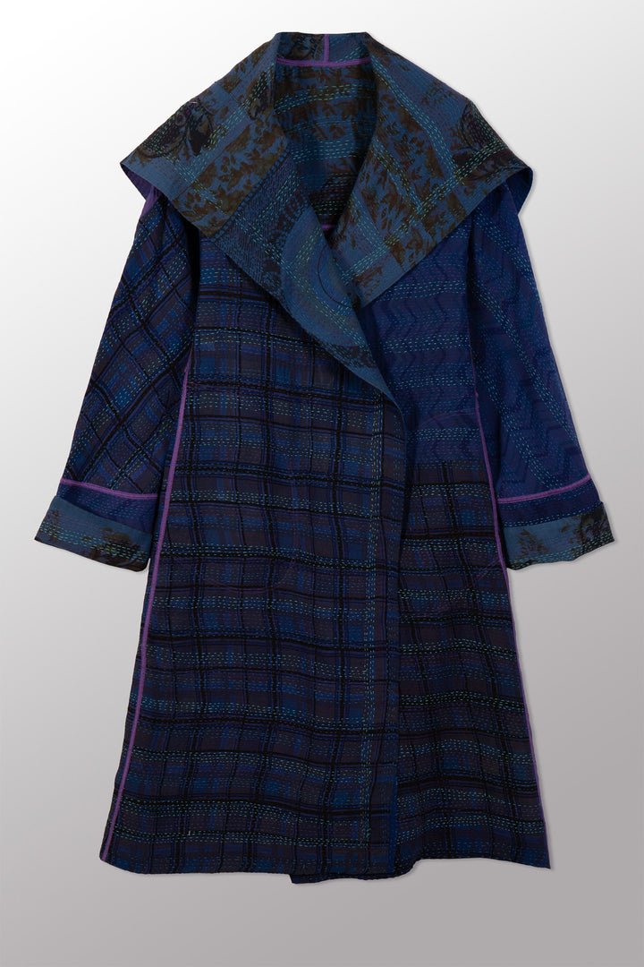 VINTAGE SILK GEORGETTE COTTON KANTHA A-LINE COAT - gc2309-0002a -