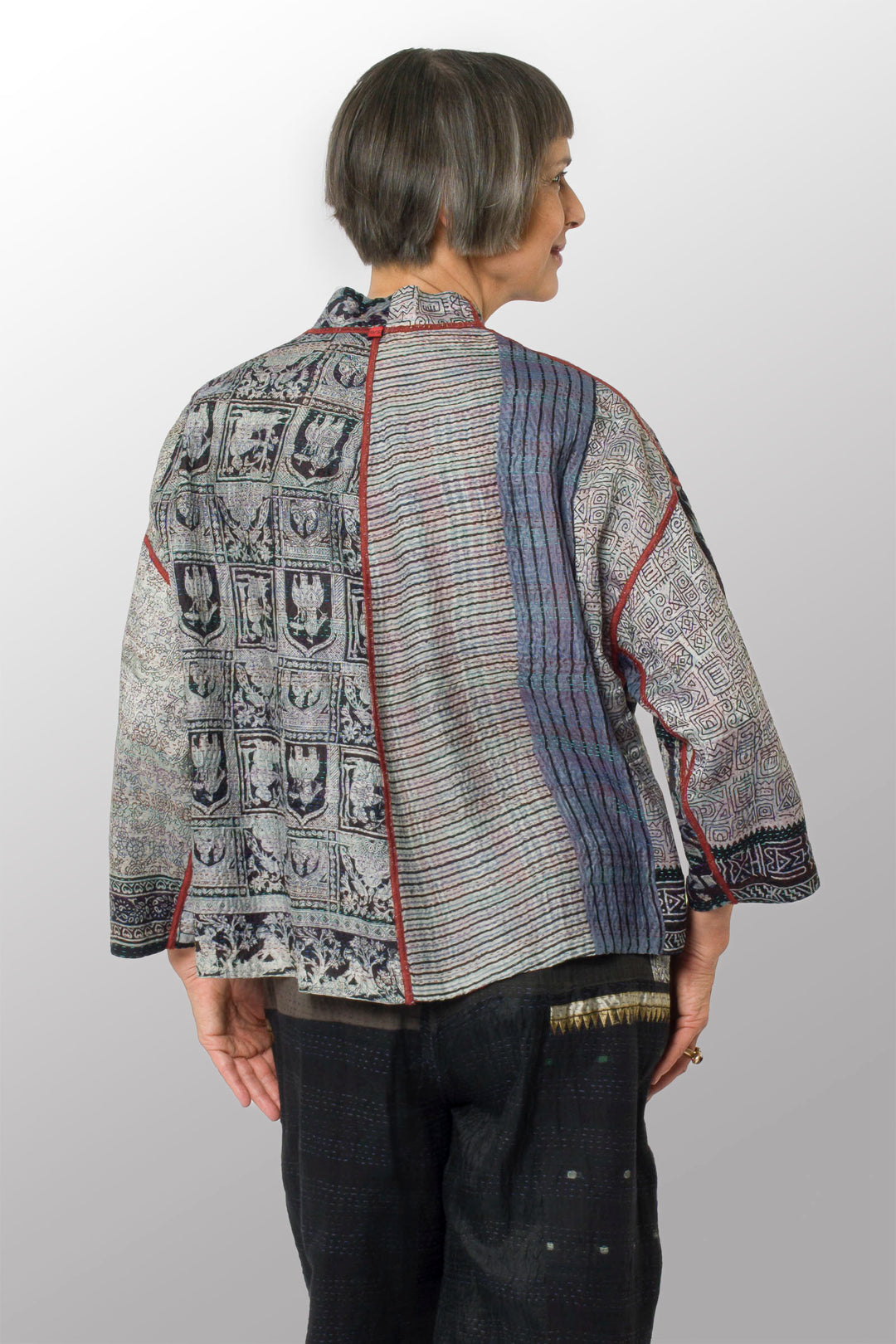 VINTAGE SILK KANTHA STAND COLLAR CROPPED JKT - sv2034-0013a -