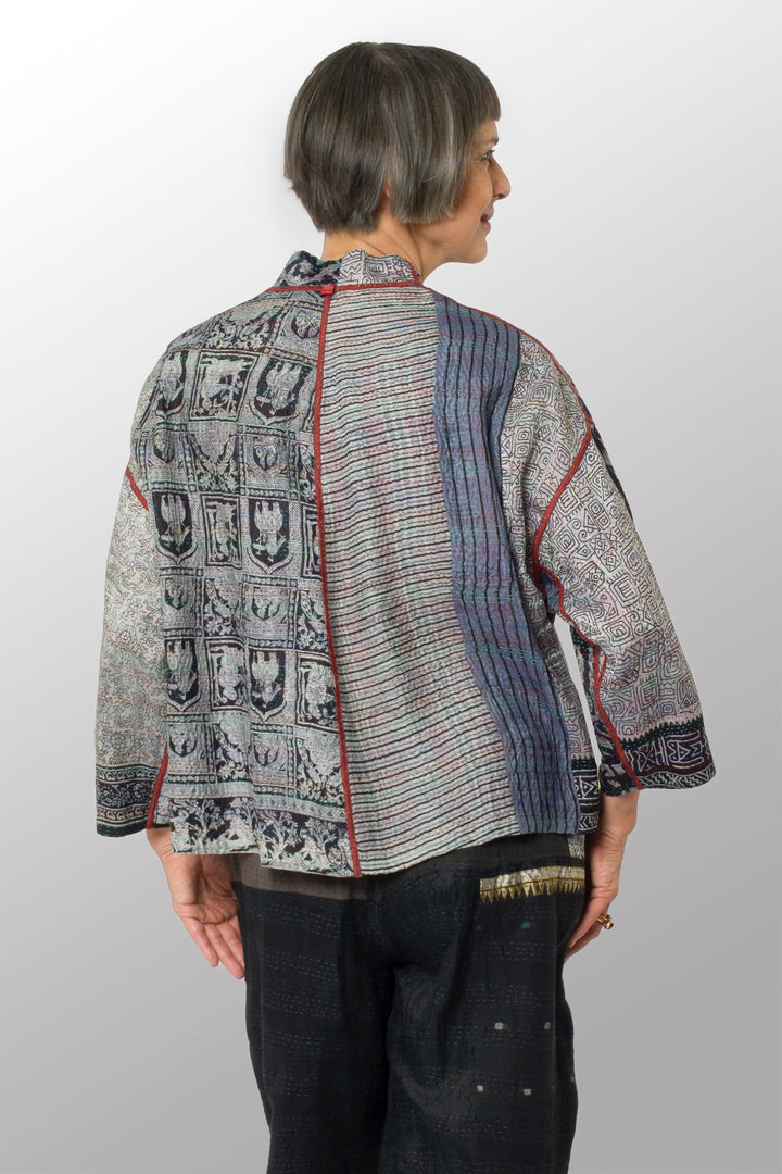 VINTAGE SILK KANTHA STAND COLLAR CROPPED JKT - sv2034-0013a -
