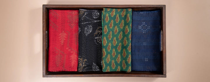 Landscape Fray Patch Vintage Kantha Napkin -Black (Set of 2)