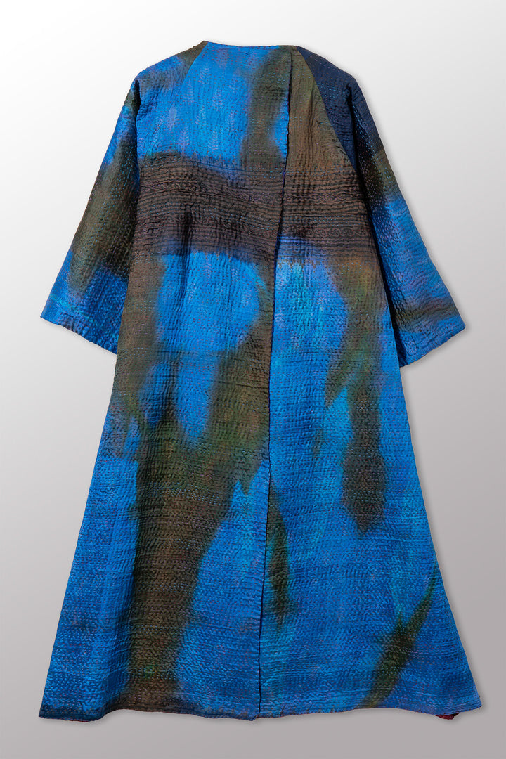 VINTAGE PRINTED SILK CLAMP DYE WITH JACQUARD KANTHA KIMONO MAXI - sk4318-0001a -