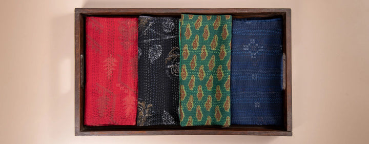 Landscape Fray Patch Vintage Kantha Napkin -Navy (Set of 2)