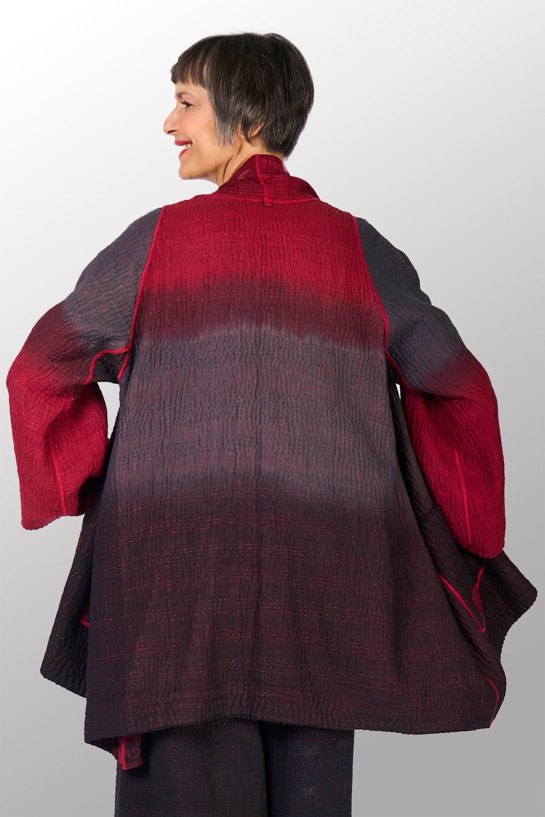 BIG PRINTED PATCH WITH OMBRE BACKING KANTHA  A-LINE JACKET - px4003-red -