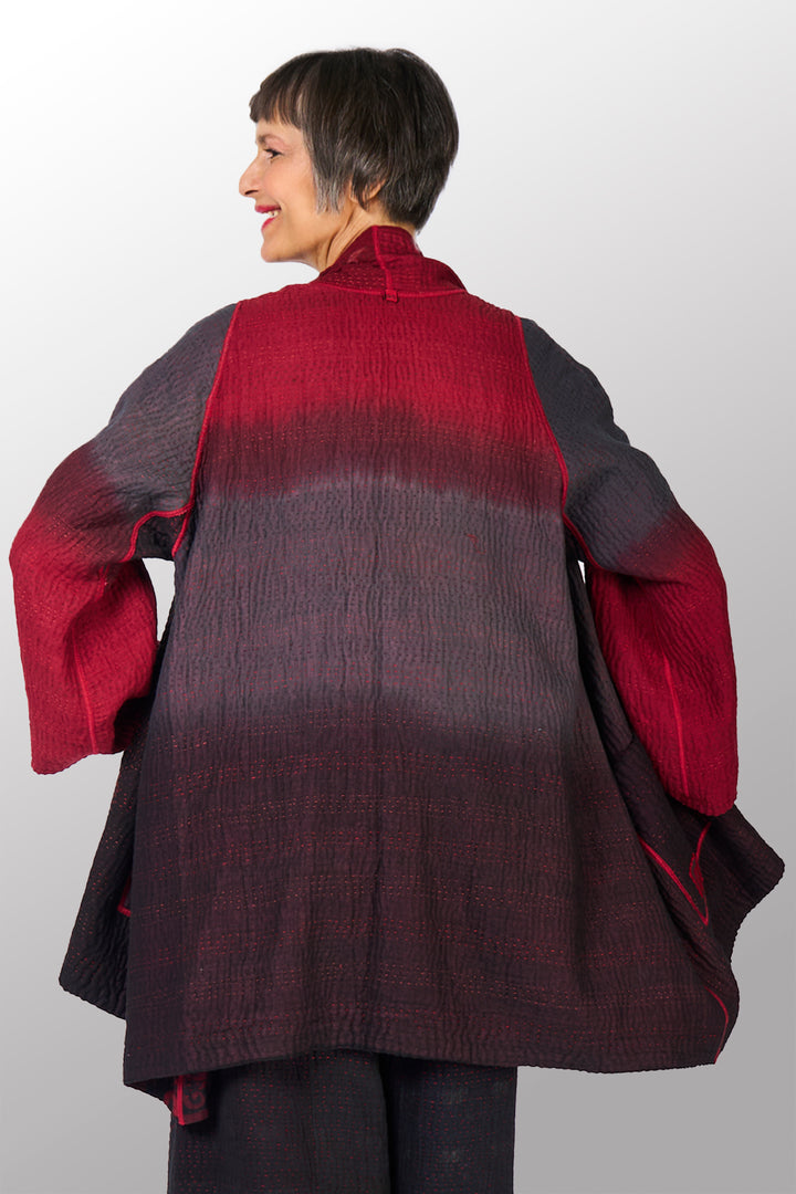 BIG PRINTED PATCH WITH OMBRE BACKING KANTHA  A-LINE JACKET - px4003-red -