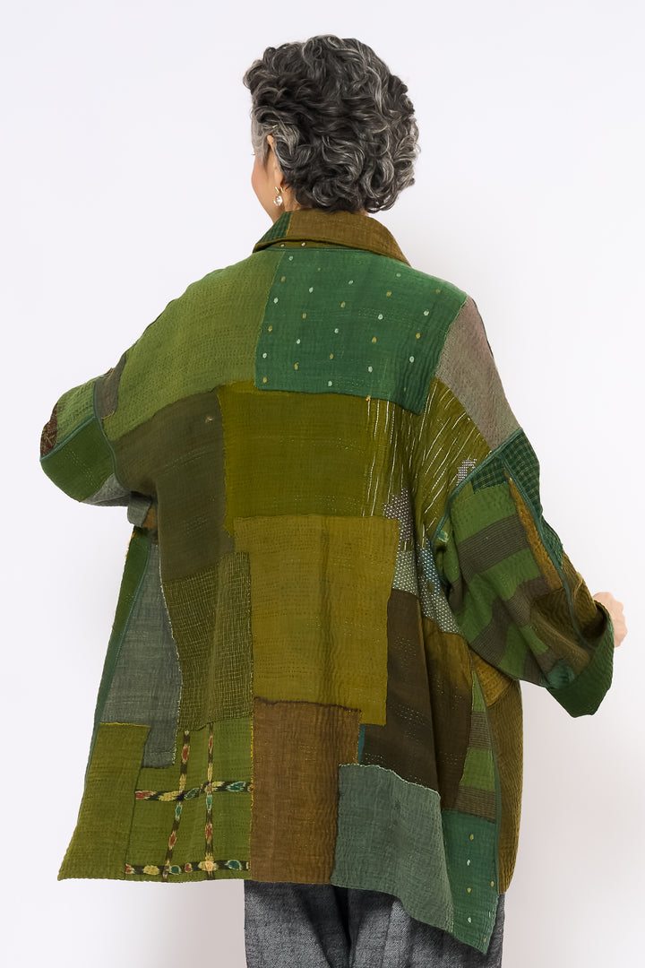 FRAYED PATCH MIX KANTHA OVERSIZED MINI COAT - fm4332-grn -