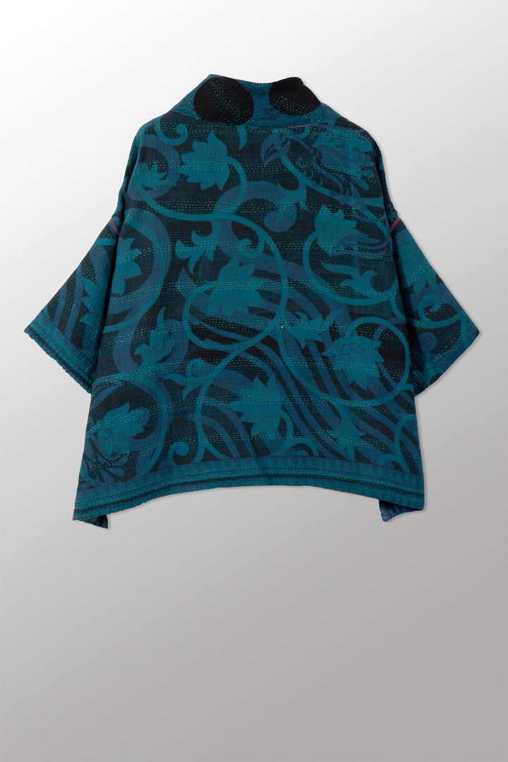VINTAGE SILK GEORGETTE COTTON KANTHA COWL NECK PONCHO - gc2061-0002a -