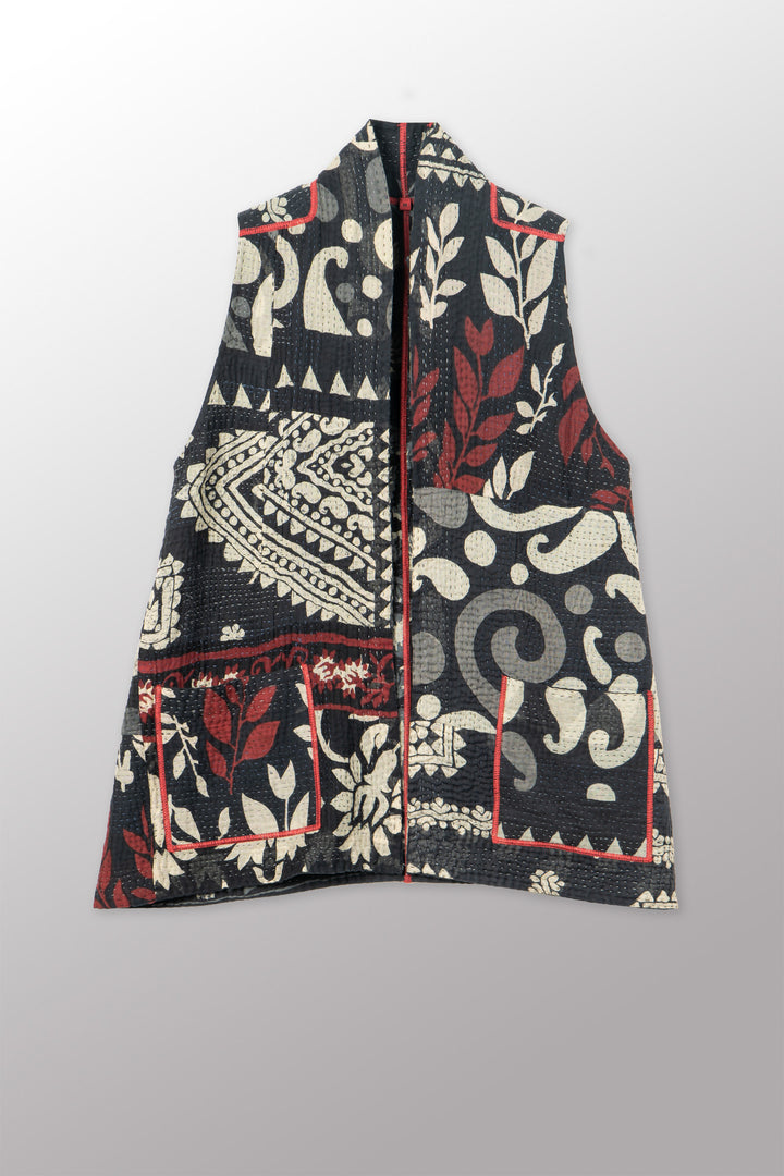 BLACK AND WHITE PRINT PATCH KANTHA KIMONO VEST SHORT - pn4248-blk -