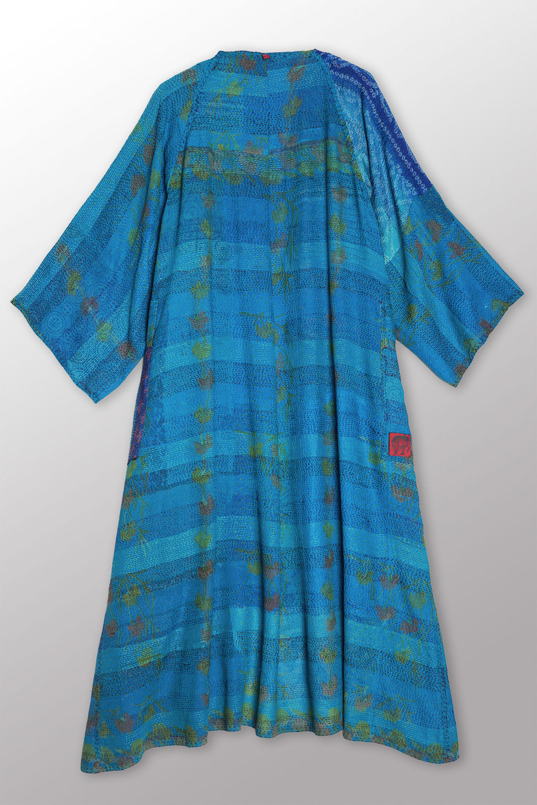 GEORGETTE VINTAGE SILK PATCH KANTHA KIMONO MAXI - gs2318-tuq -
