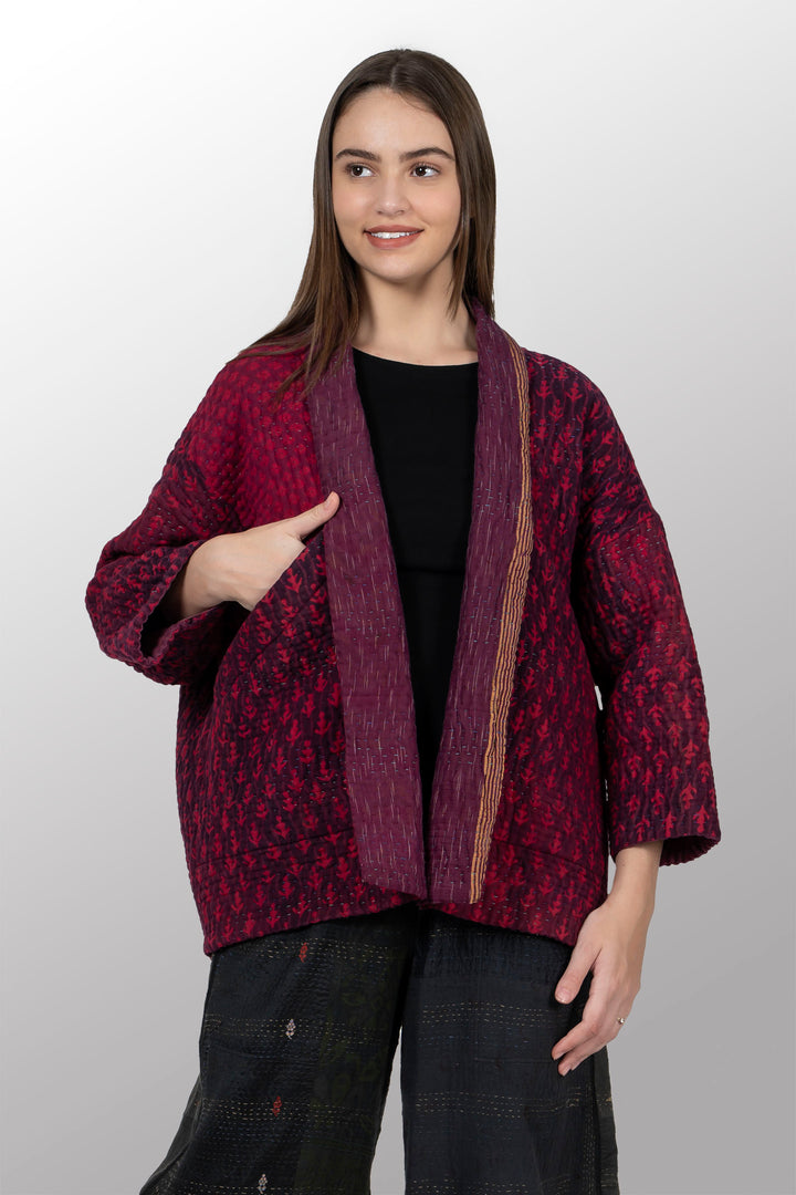 QUILTED OVER DYE COTTON KANTHA BIG POCKET JACKET - oq5057-cred001a -