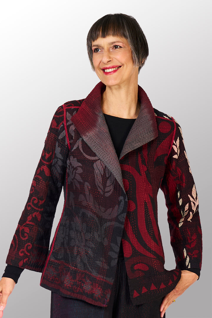 BIG PRINTED PATCH WITH OMBRE BACKING KANTHA SHORT JACKET - px4007-red -