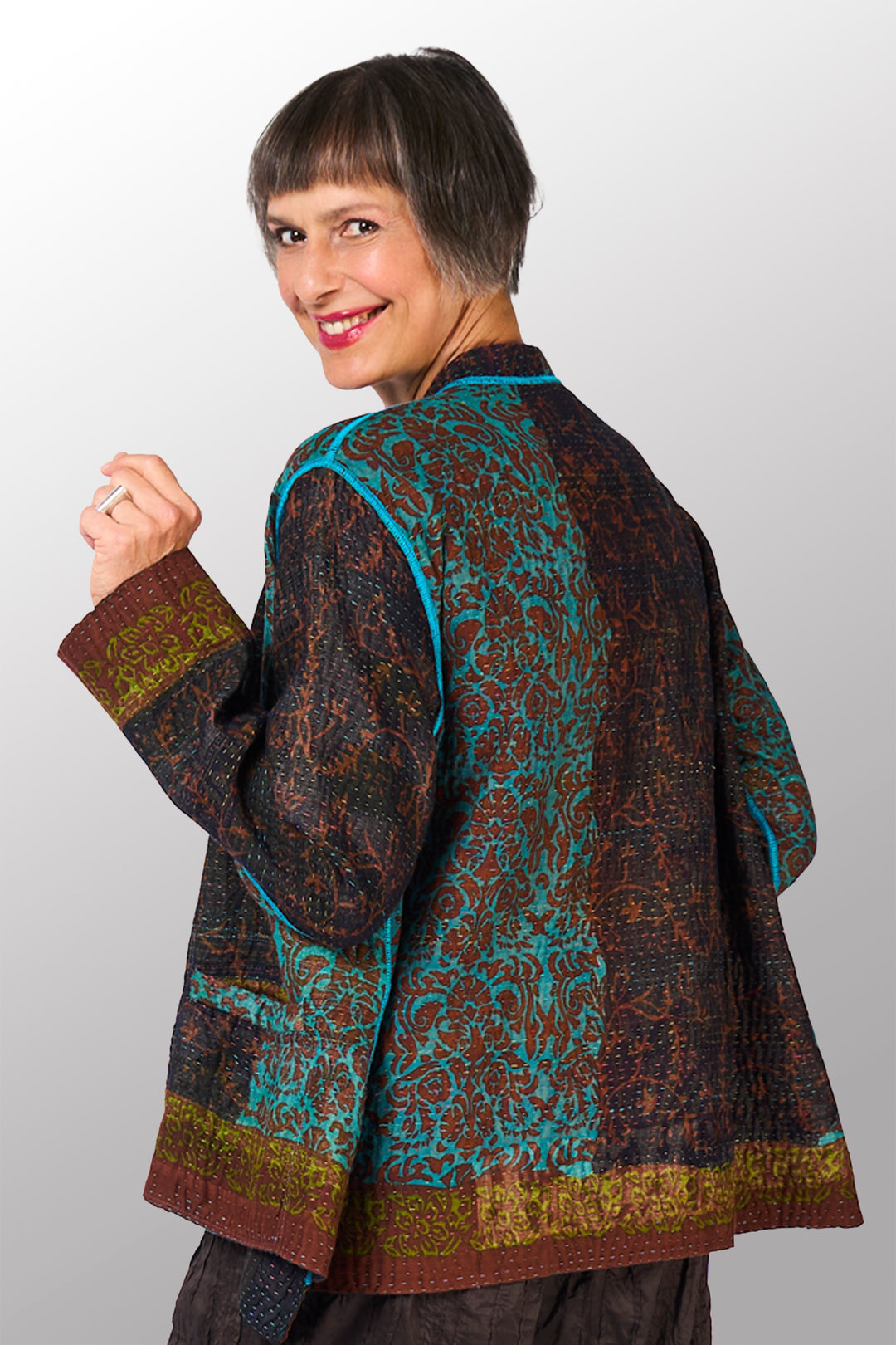 BAGH PRINT KANTHA KAFTAN JACKET SHORT - bg4088-brn -