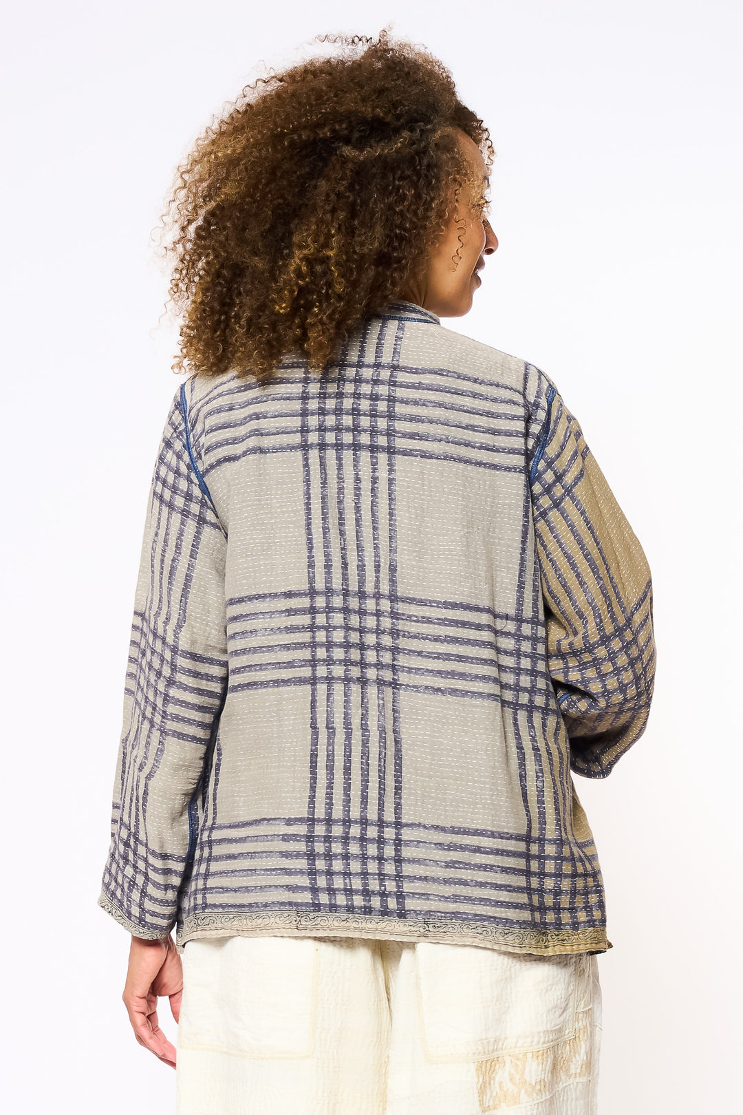 INDONESIAN PRINT VINTAGE INDIGO BACKING KANTHA KAFTAN JACKET SHORT - bi2088-blu -