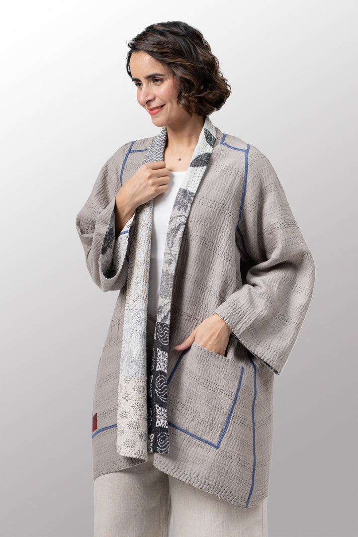 POWDER PATCH KANTHA A-LINE JACKET - pd4003-gry -