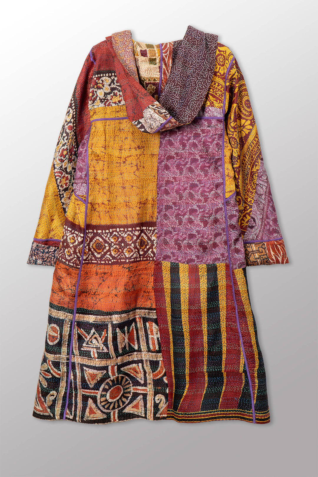 VINTAGE SILK KANTHA HOODED A-LINE LONG COAT - sv2306-0004a -