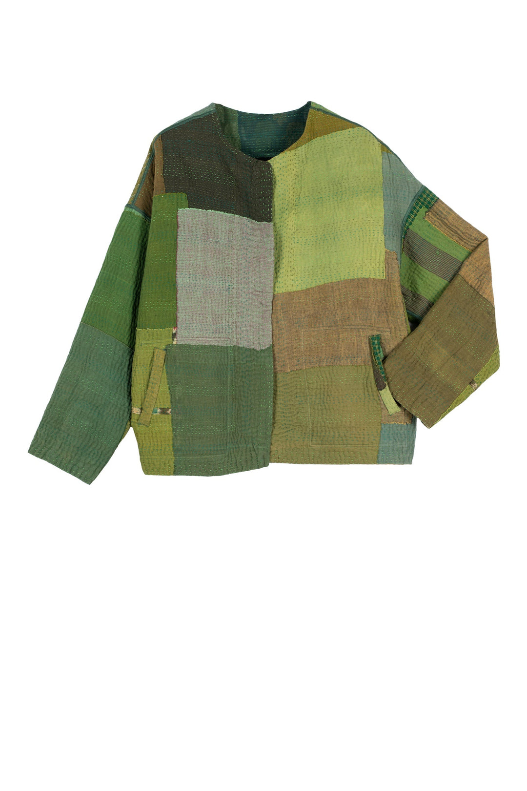 FRAYED PATCH MIX KANTHA CREW NECK SHORT JKT - fm4053-grn -