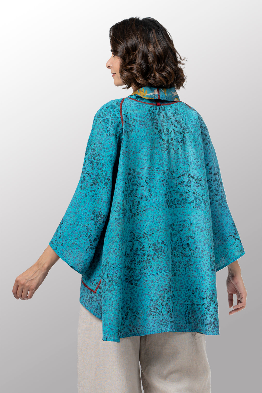 VINTAGE SILK GEORGETTE COTTON KANTHA KIMONO JKT - gc2004-0007a -